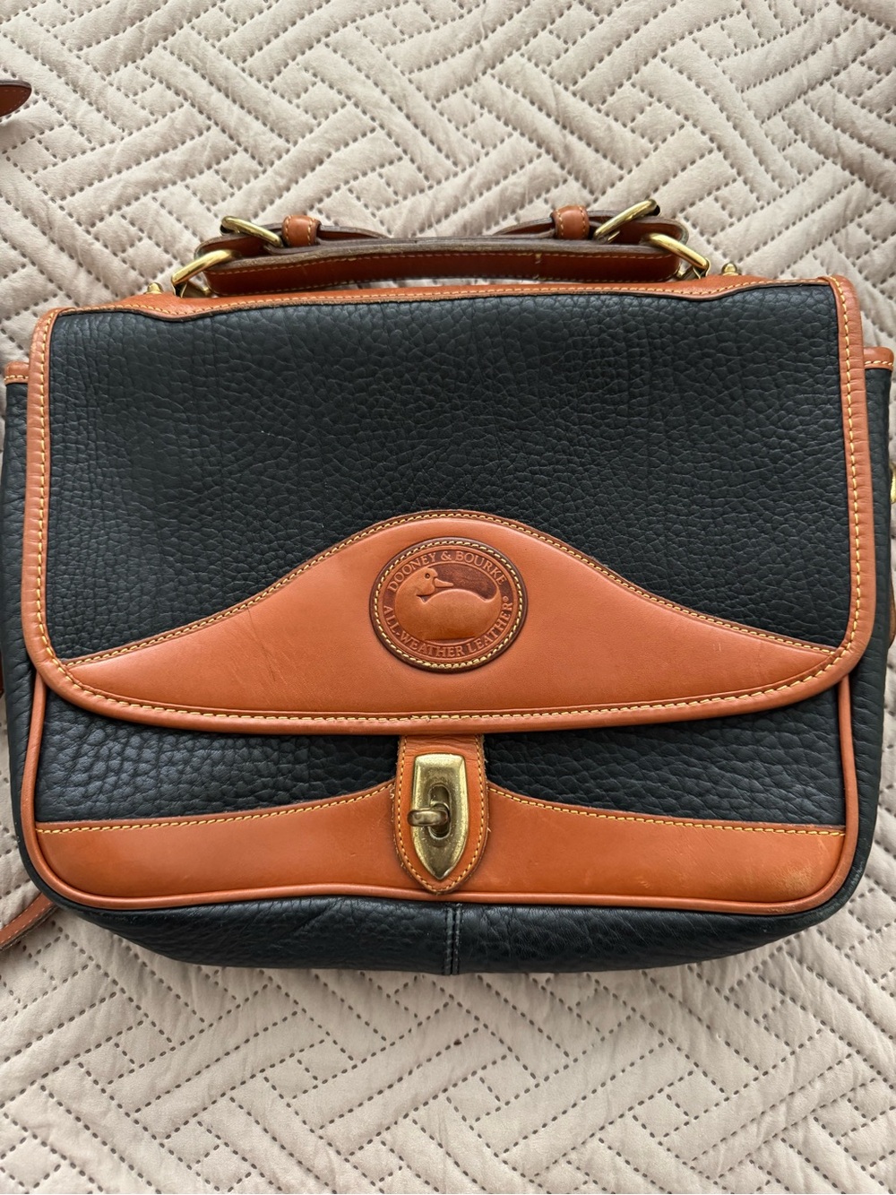 Dooney & Bourke Black and Brown Pebbled Leather Flap Crossbody Satchel